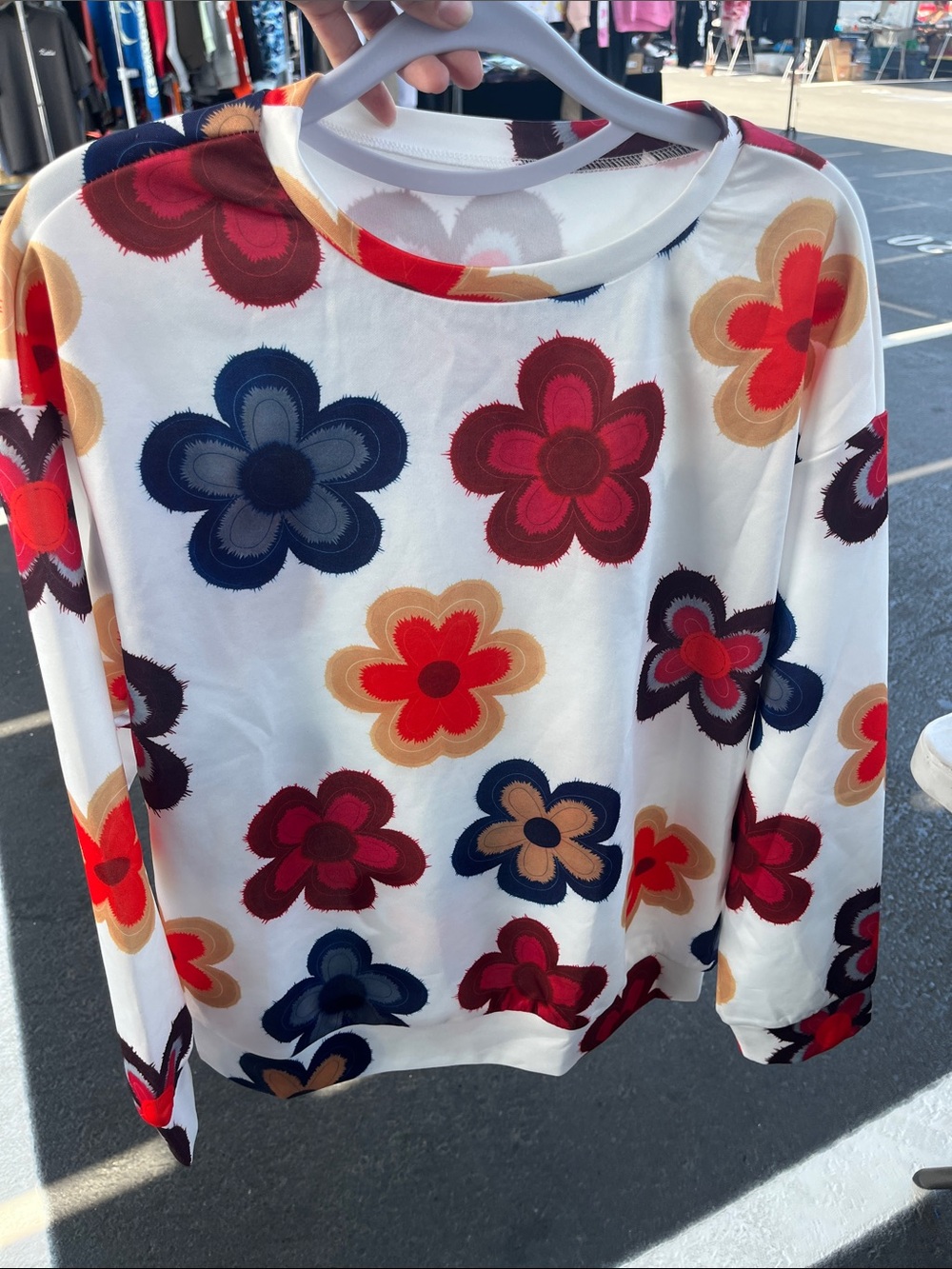 White Floral Appliqué Long-Sleeve Sweatshirt